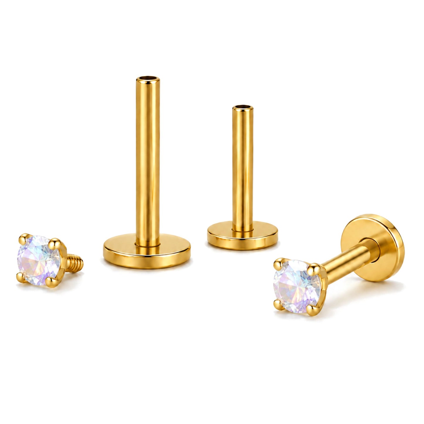 GoldPlatedTitaniumFlatBackEarringsRoundSolitaireCZStudEarringsforWomen,BodyJewelry,ConchHelixTragusLabretPiercing6Pc_Clear-3