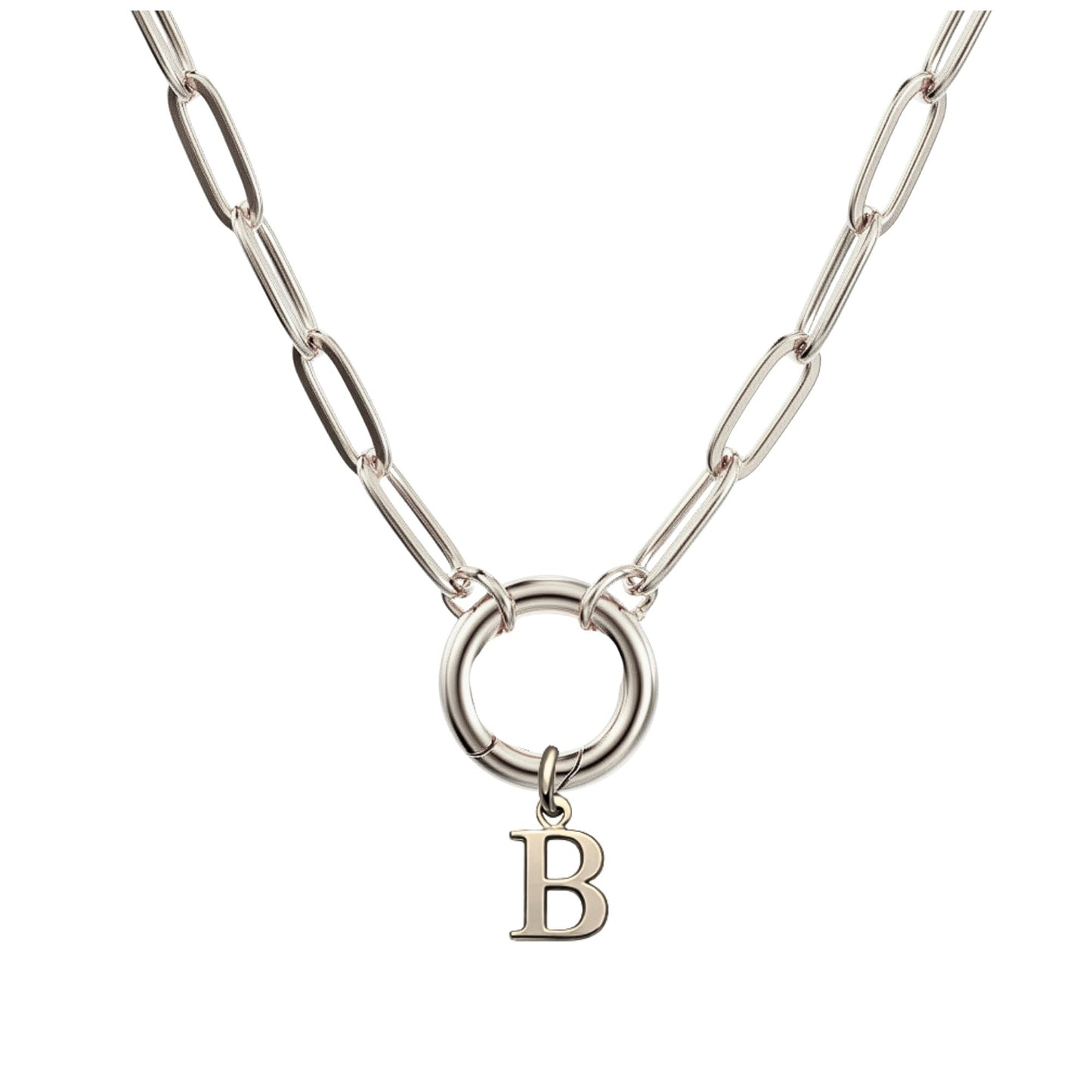 PaperclipLinkCircleCarabinerIntialLetterCharmHolderNecklaceforWomenStainlessSteel20"GingerLyne_Silver-B-1