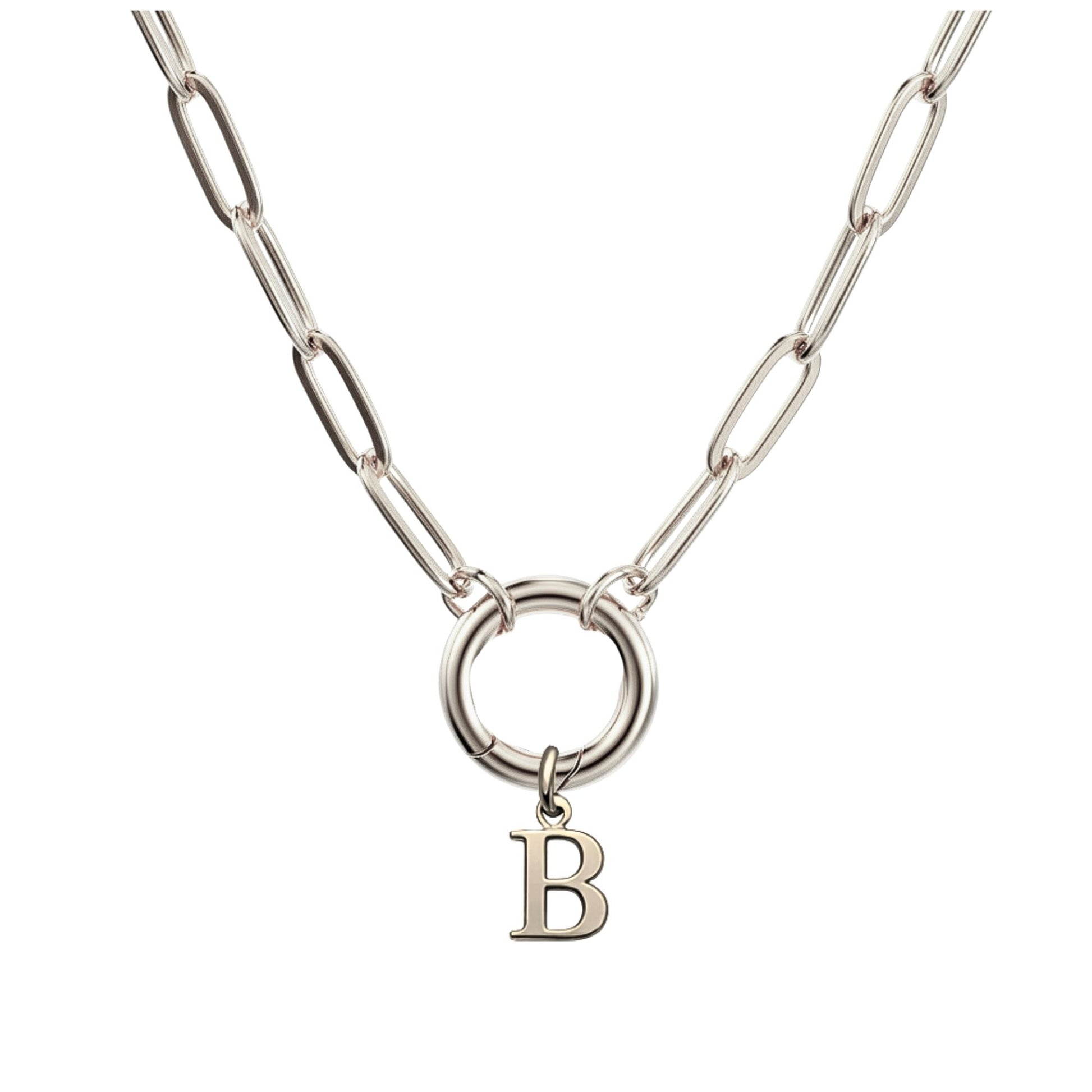 PaperclipLinkCircleCarabinerIntialLetterCharmHolderNecklaceforWomenStainlessSteel20"GingerLyne_Silver-B-1