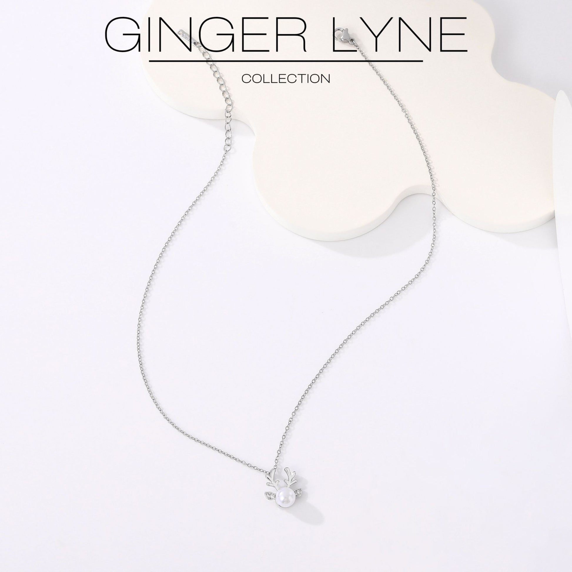 Reindeer Necklace for Women by Ginger Lyne Gold Plated Simulated Pearl Christmas Jewelry - Silver