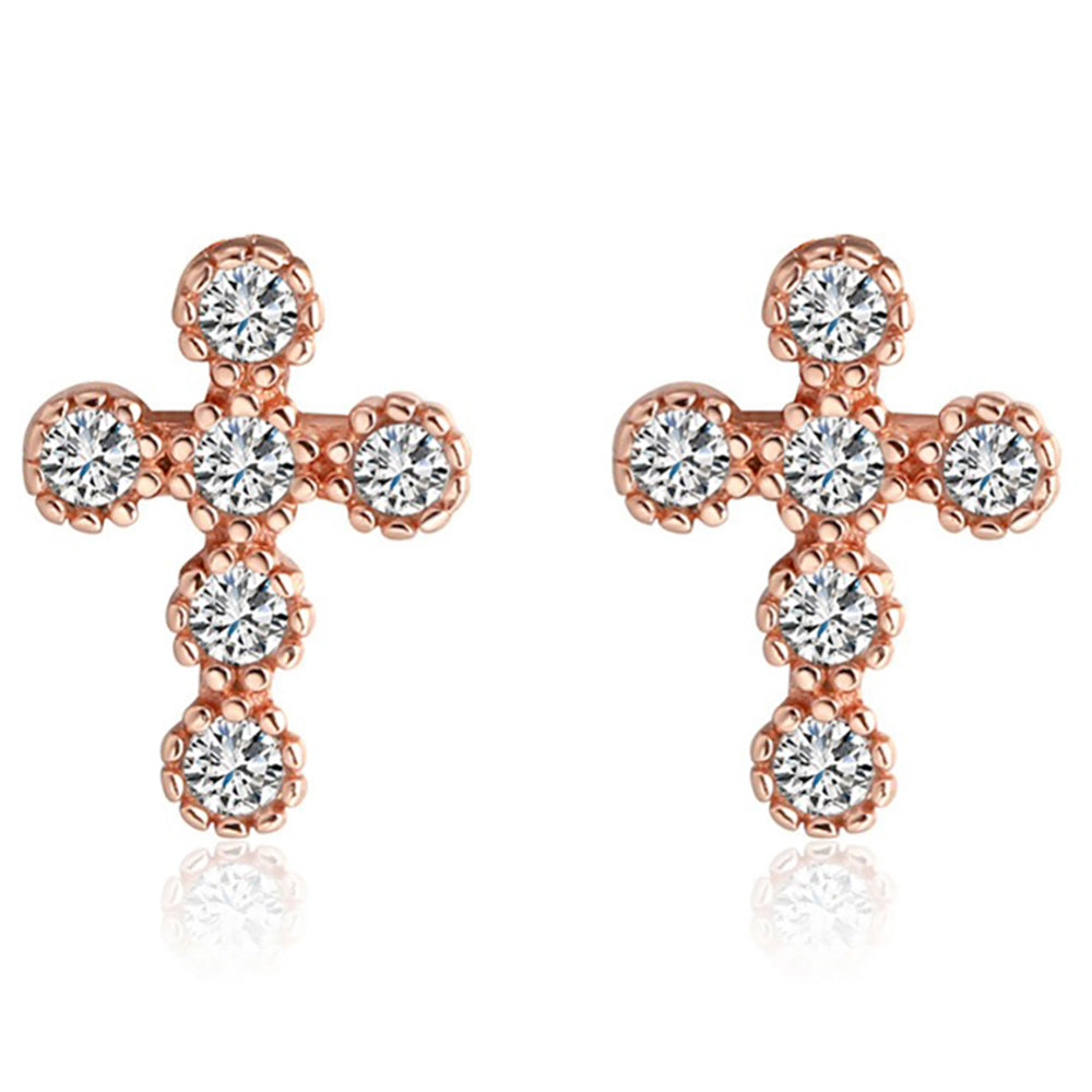 Religious Cross Stud Earrings for Women Cz Sterling Silver Ginger Lyne Collection - Rose Gold