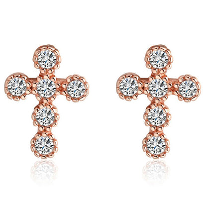 Religious Cross Stud Earrings for Women Cz Sterling Silver Ginger Lyne Collection - Rose Gold