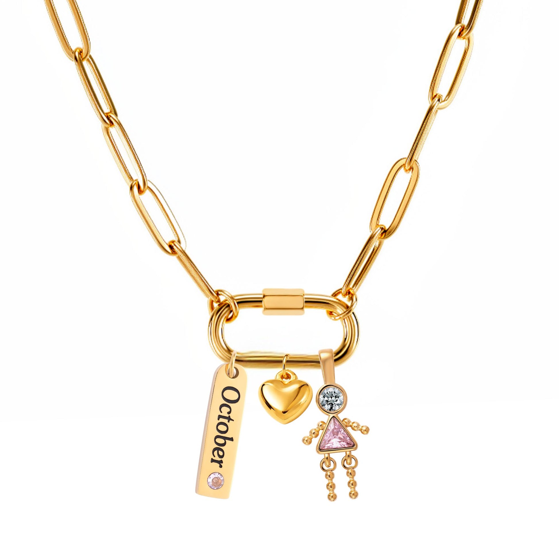CarabinerFamilyBirthstoneNecklaceforMomorGrandmabyGingerLyneStainlessSteelCZBirthdayCharms_Female-October-Gold-1