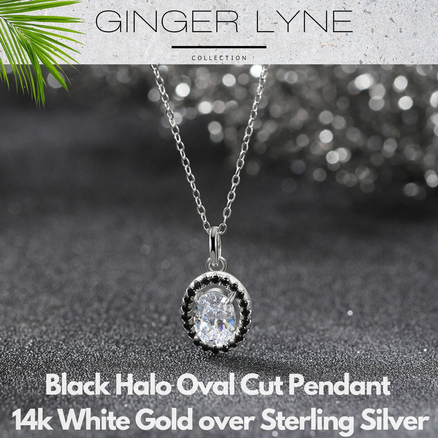 Oval Cut Black Halo Necklace for Women Simulated Diamond Sterling Silver Ginger Lyne