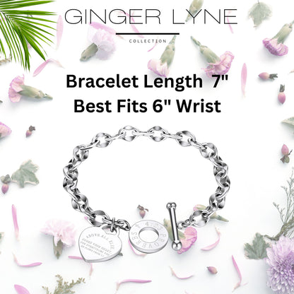 Toggle Clasp Link Bracelet for Women Heart Charm Stainless Steel 7" Fits 6" Wrist Ginger Lyne - Silver