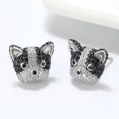 Boston Terrier Dog Stud Earrings for Women by Ginger Lyne Black Cz Sterling Silver