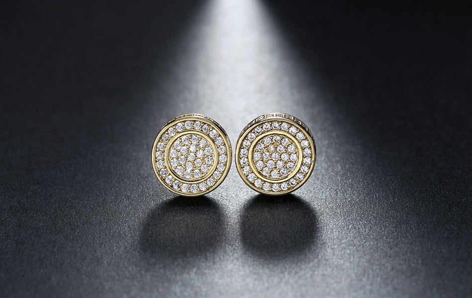 Round Stud Earrings for Women 3D CZ Iced Out White Gold Plated Ginger Lyne Collection - Gold