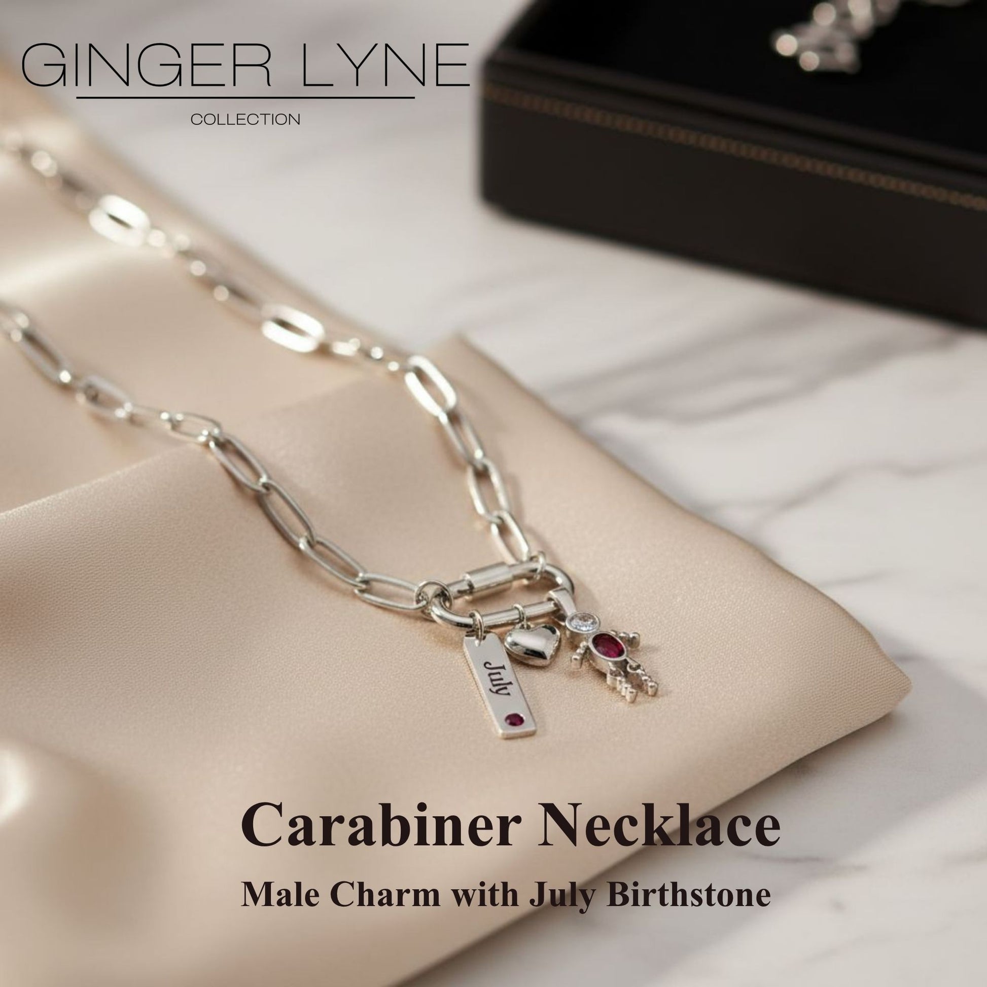 Carabiner Family Birthstone Necklace for Mom or Grandma by Ginger Lyne Stainless Steel CZ Birthday Charms_Male-July-Silver-2