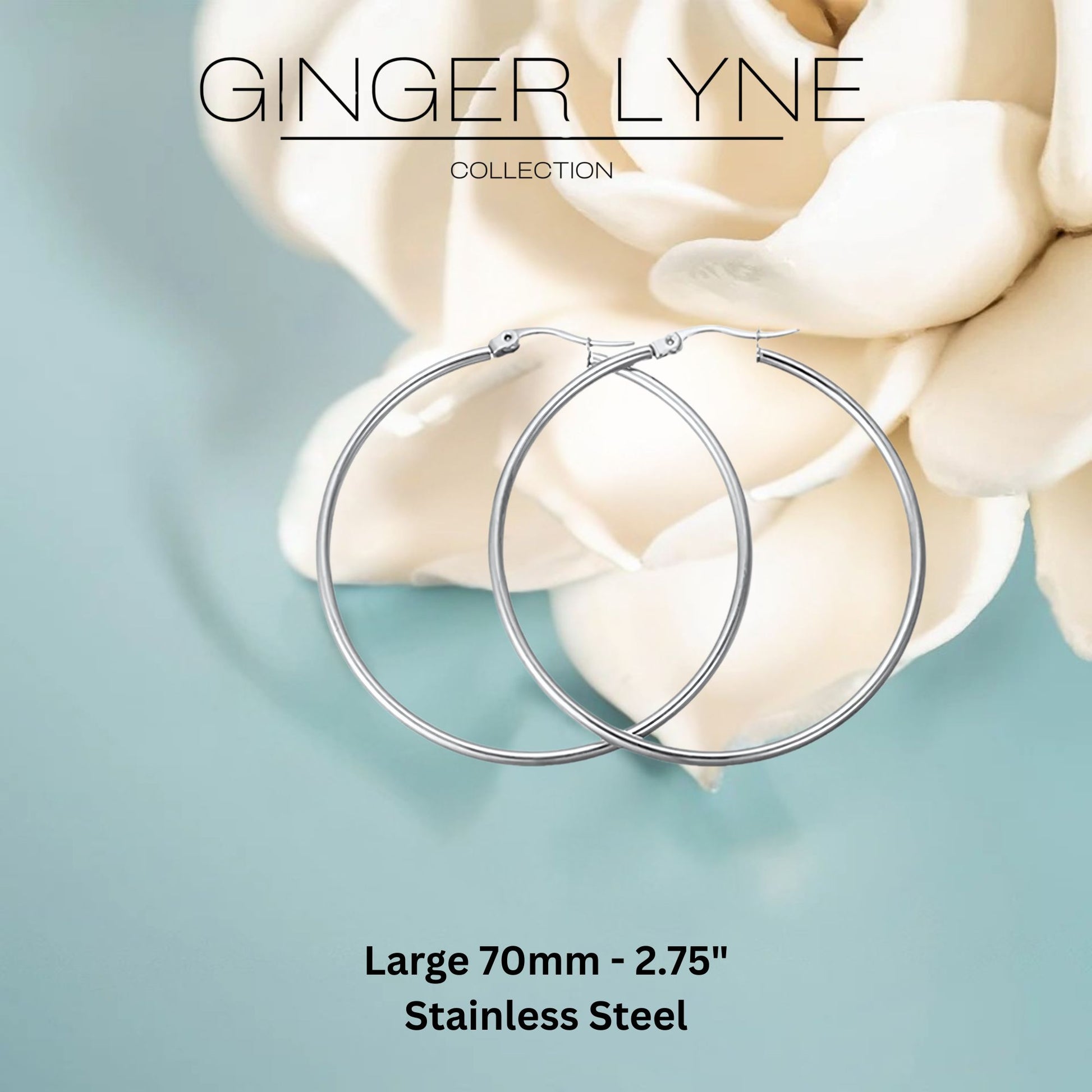 Large Plain Hoop Earrings for Women Silver Tone Stainless Steel Ginger Lyne Collection - 70mm-Silver