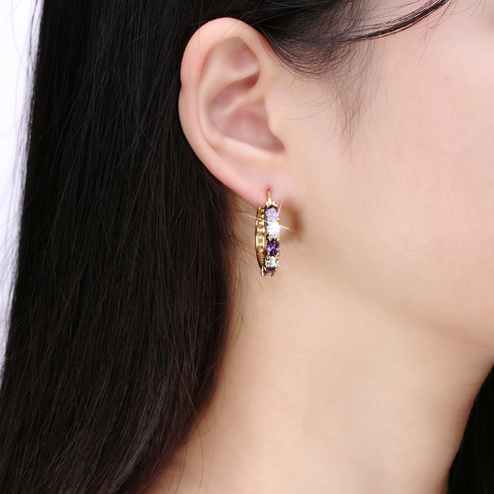 Gold Plated Hoop Earrings for Women Purple Cubic Zirconia 25mm Hoops Hinged Back Ginger Lyne Collection - Gold