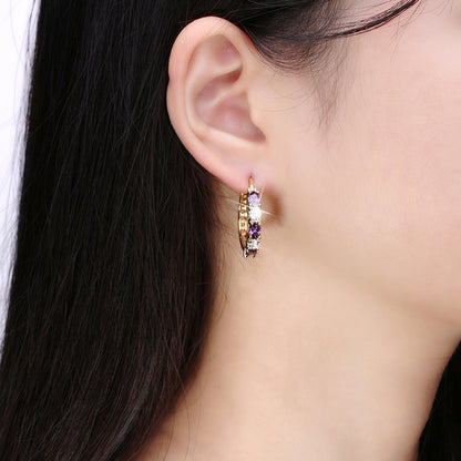 Gold Plated Hoop Earrings for Women Purple Cubic Zirconia 25mm Hoops Hinged Back Ginger Lyne Collection - Gold