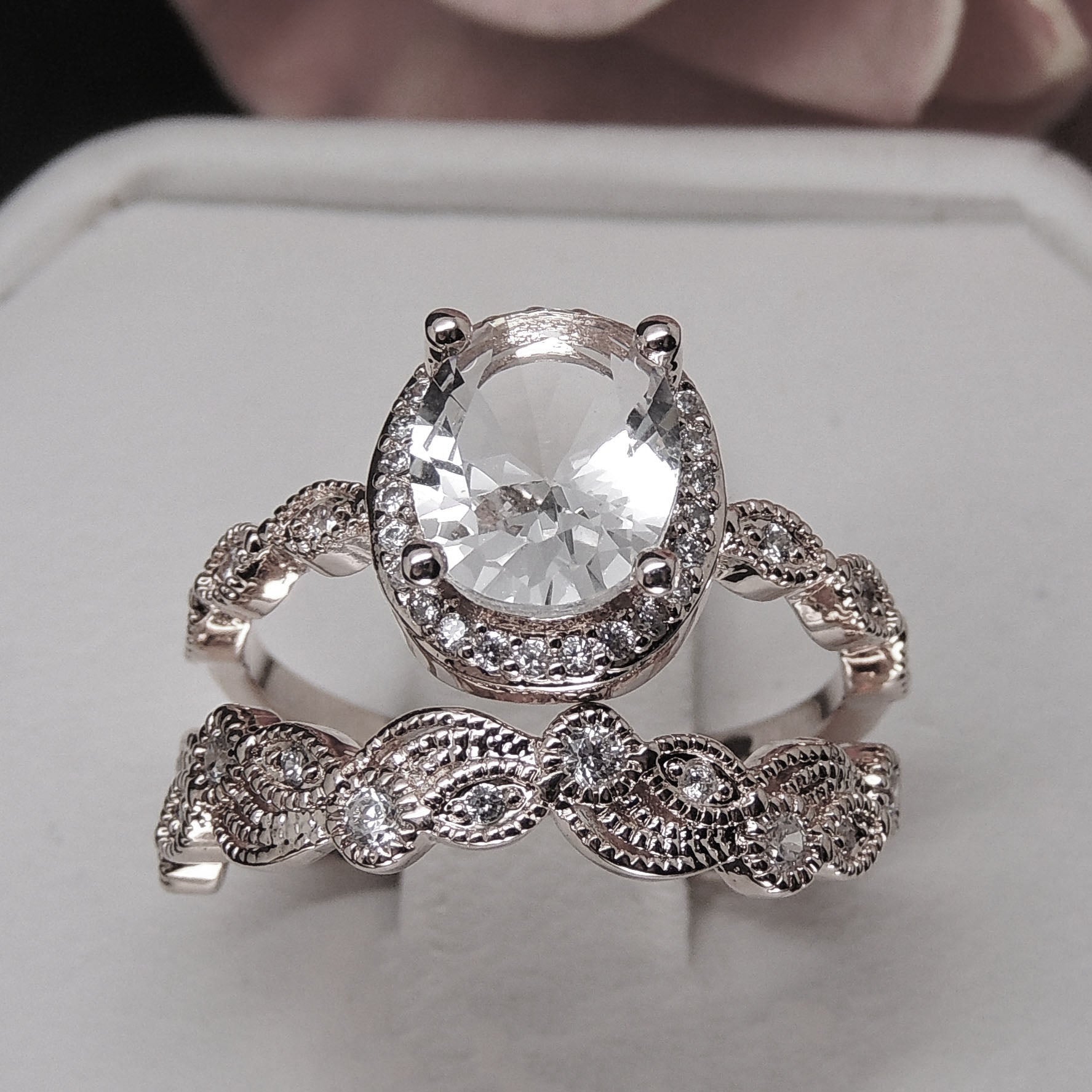 Amara Bridal Set Engagement Ring Wedding Band Cubic Zirconia Ginger Lyne Collection - Rose Gold,10
