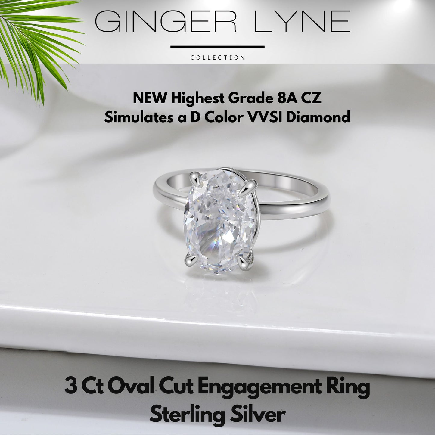 Solitaire 3 Ct Oval Engagement Ring for Women Sterling Silver CZ Ginger Lyne Collection