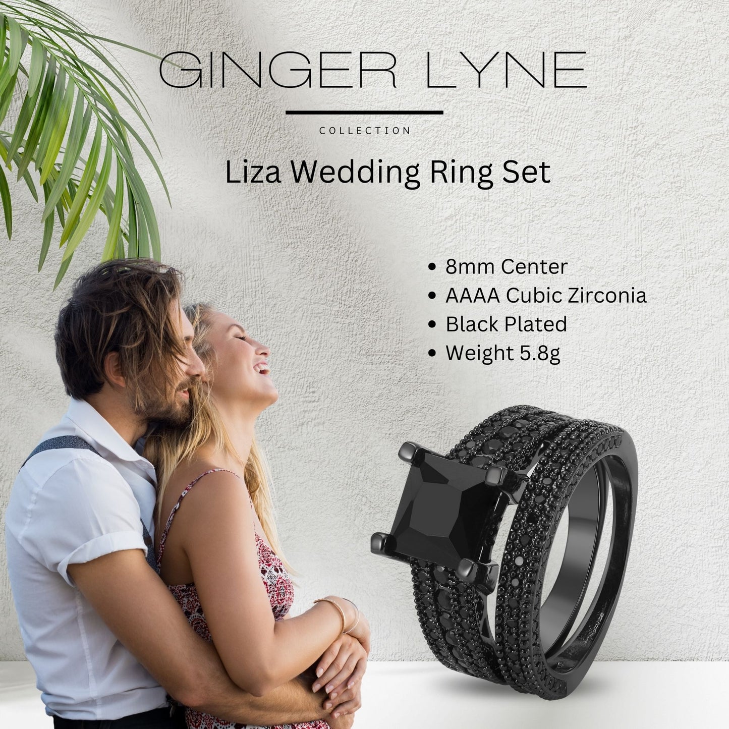 Liza Black Wedding Ring Set for Woman Cz Gothic  Engagement Ring Ginger Lyne Collection