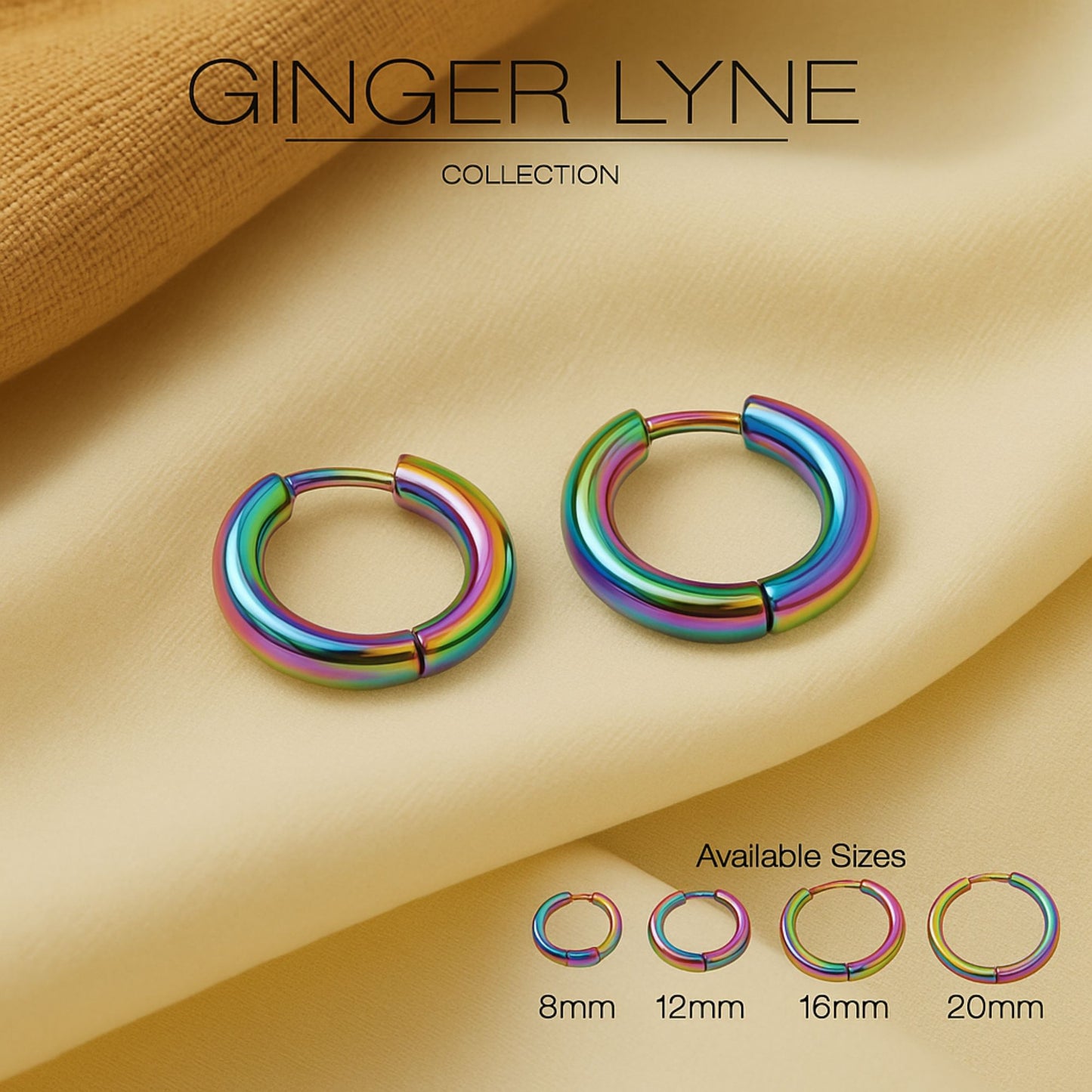 Stainless Steel Hoop Earrings by Ginger Lyne Huggie Style for Lobe Cartilage Piercing Body Jewelry - Rainbow-20mm