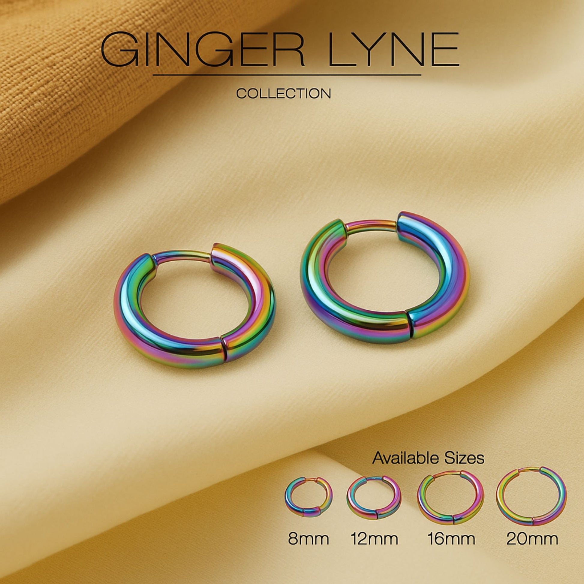 Stainless Steel Hoop Earrings by Ginger Lyne Huggie Style for Lobe Cartilage Piercing Body Jewelry - Rainbow-20mm