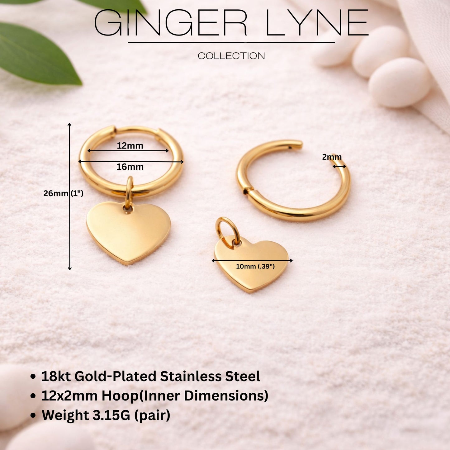 Thin Heart Charm Hoop Earrings by Ginger Lyne Stainless Steel for Lobe Cartilage Piercing Body Jewelry
