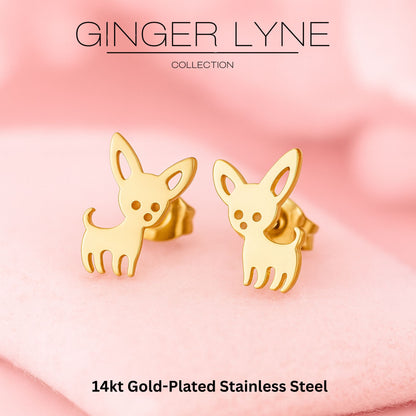 Ginger Lyne Chihuahua Dog Stud Earrings for Women Stainless Steel Puppy Pet Jewelry Gifts - Gold Tone