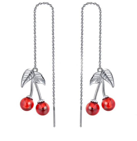Cherry Threader Earrings for Women and Girls Red Agate Sterling Silver Ginger Lyne Collection