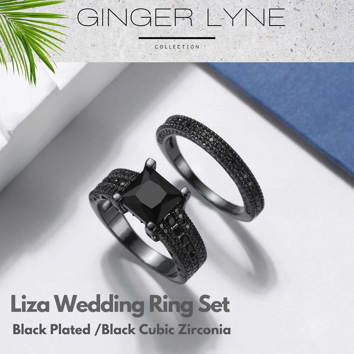 Liza Black Wedding Ring Set for Woman Cz Gothic  Engagement Ring Ginger Lyne Collection