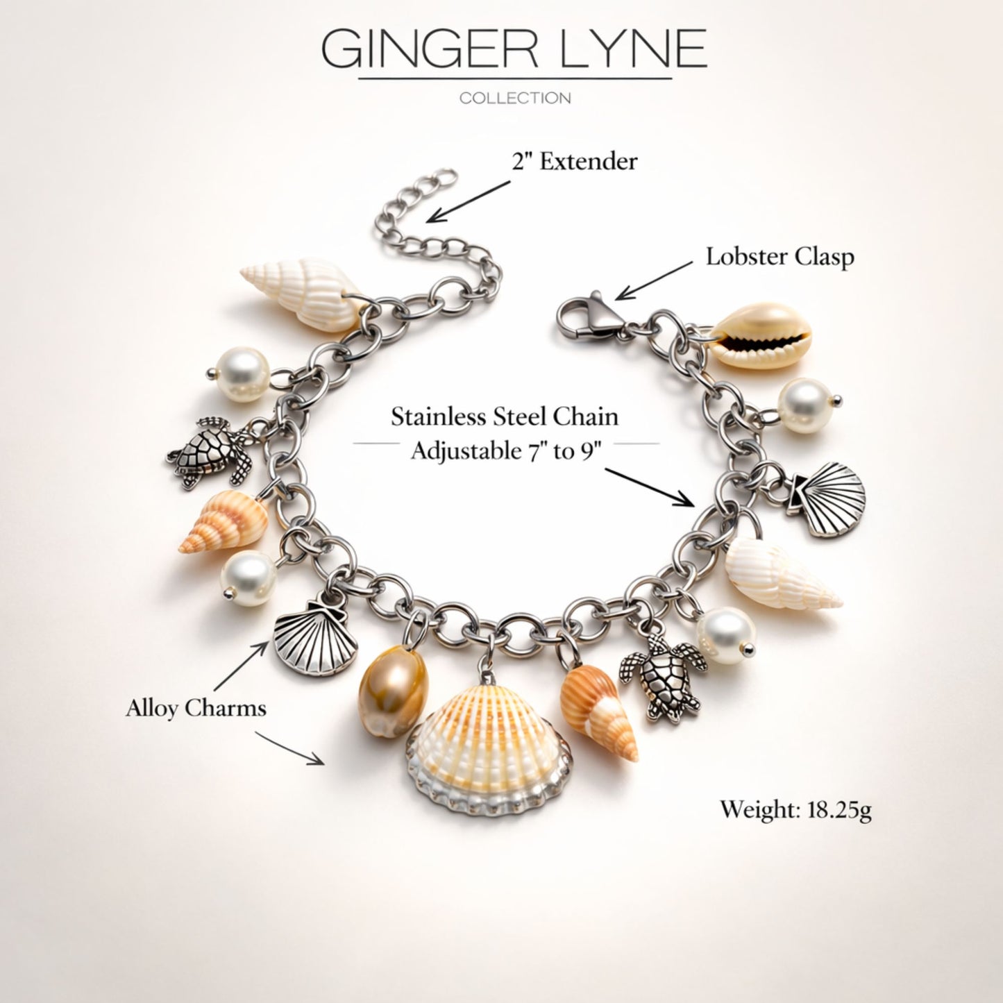 TurtlesandSeashellsCharmBraceletforWomenbyGingerLyneStainlessSteelSimulatedPearls_Silver-4