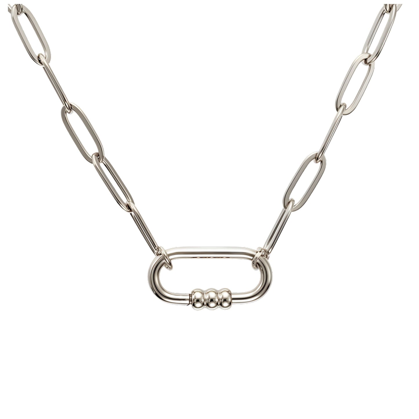 Carabiner Charm Holder Necklace for Women by Ginger Lyne Paperclip Chain Silver Stainless Steel 18-20" - Silver-PaperclipChain/Rect 3 Bead CH