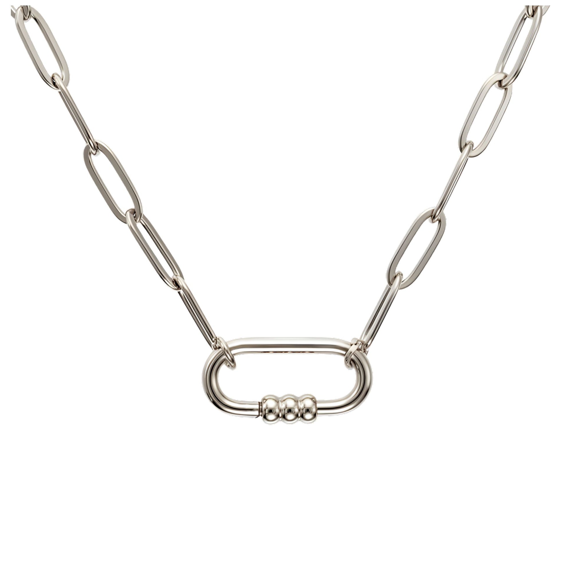 Carabiner Charm Holder Necklace for Women by Ginger Lyne Paperclip Chain Silver Stainless Steel 18-20" - Silver-PaperclipChain/Rect 3 Bead CH