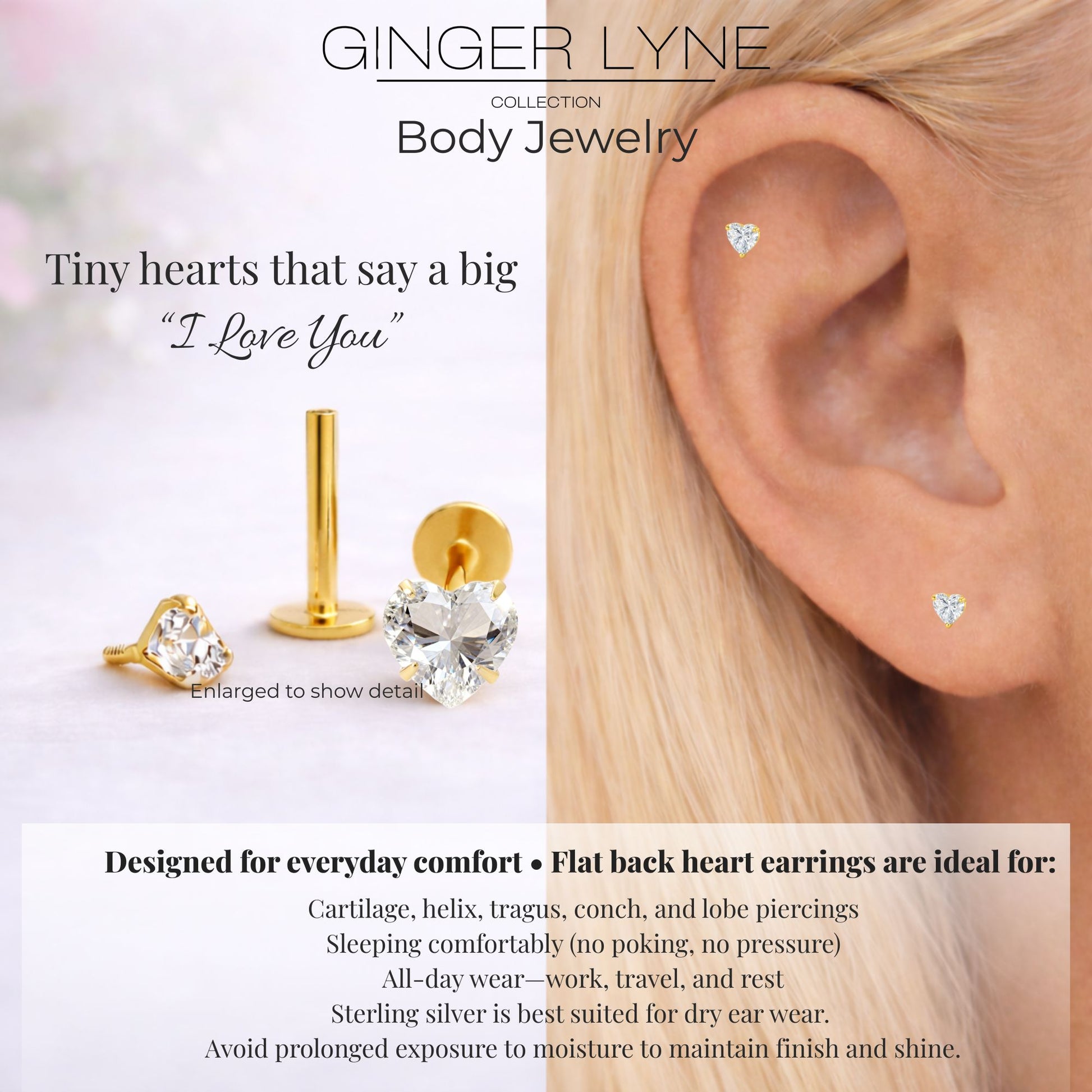 Ginger Lyne Solitaire Heart Flat Back Stud Earrings Sterling Silver Cubic Zirconia Body Jewelry - Gold-5mmCZ-18G-6mmPost