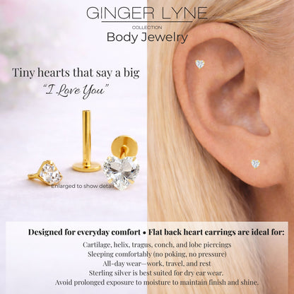 Ginger Lyne Solitaire Heart Flat Back Stud Earrings Sterling Silver Cubic Zirconia Body Jewelry - Gold-5mmCZ-18G-6mmPost
