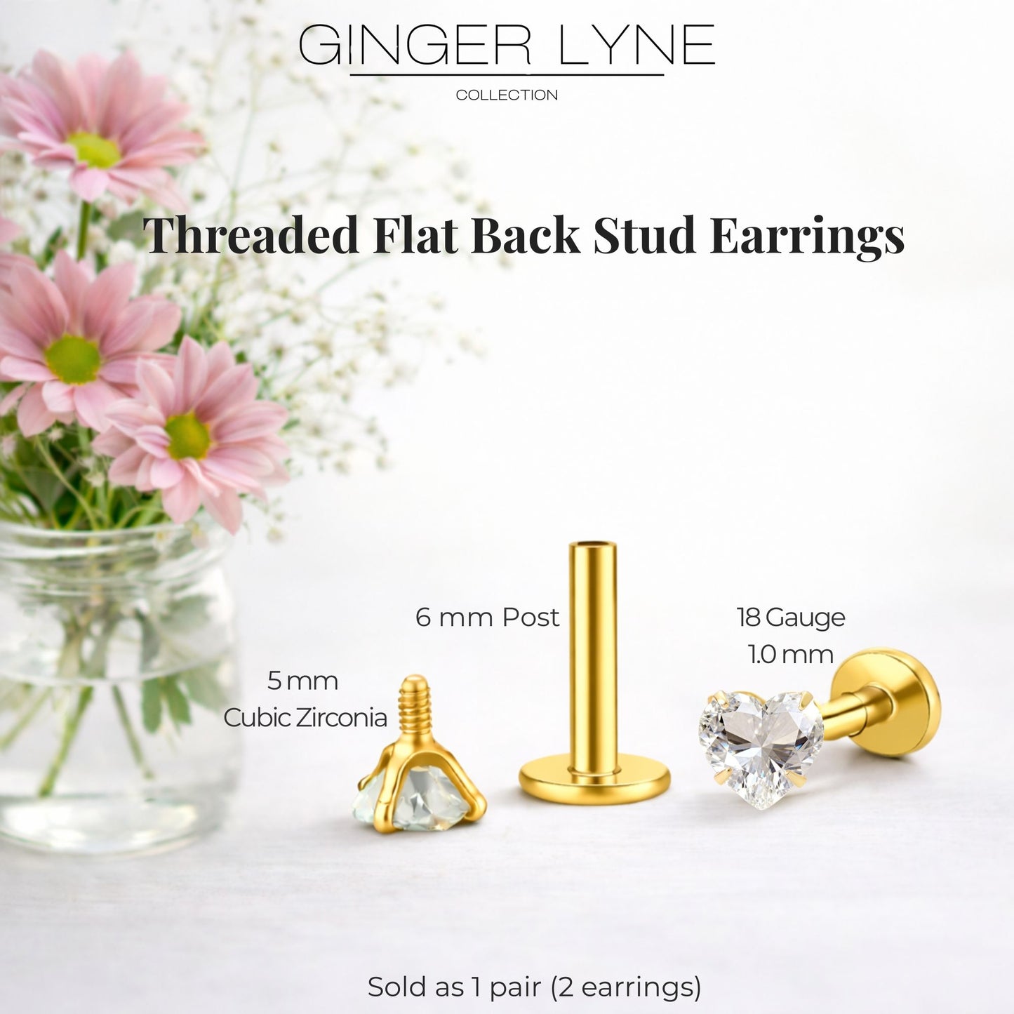 Ginger Lyne Solitaire Heart Flat Back Stud Earrings Sterling Silver Cubic Zirconia Body Jewelry - Gold-5mmCZ-18G-6mmPost