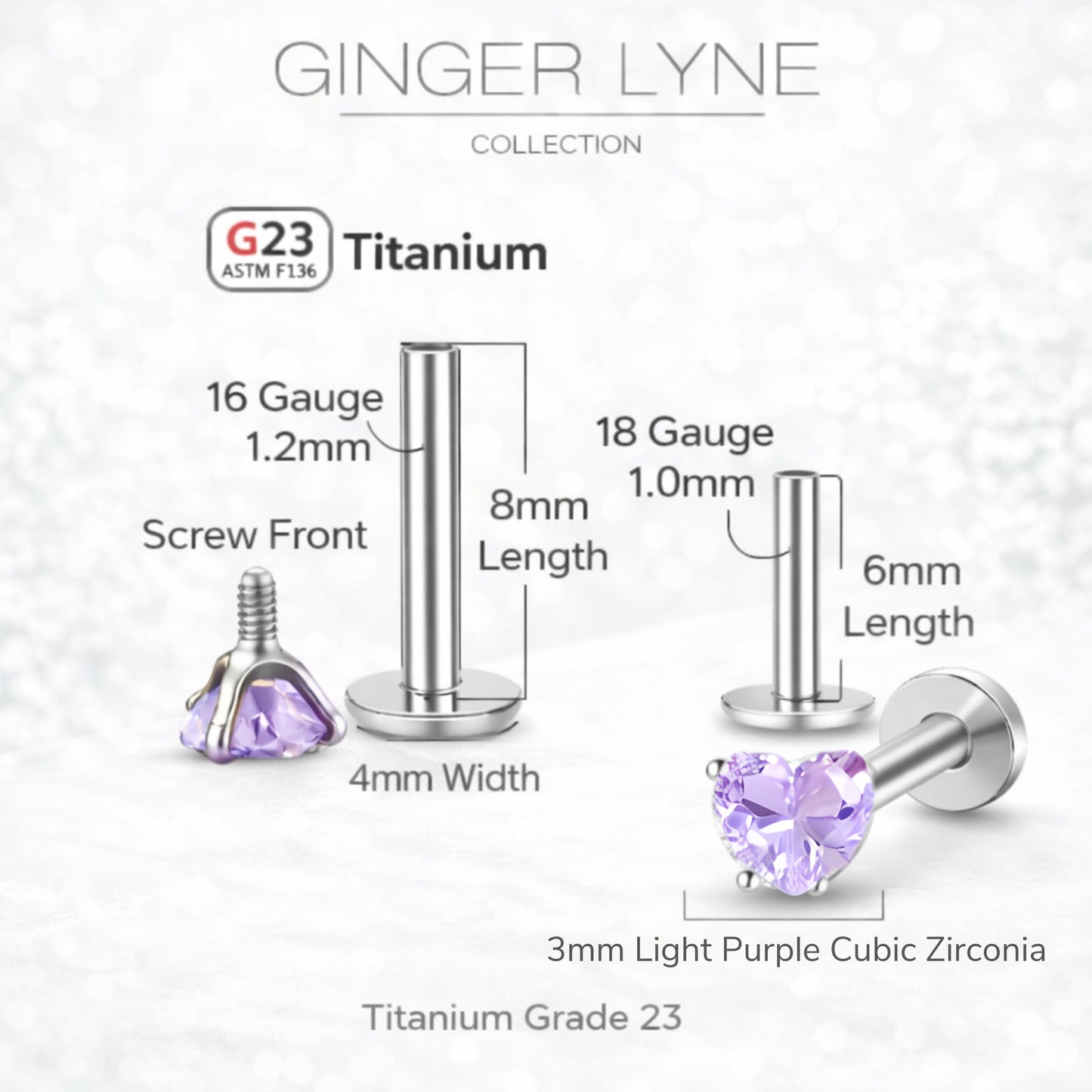 Small Heart CZ Solitaire Flat Back Stud Earrings Titanium Body Piercings by Ginger Lyne 2 Sets Post 6mm 8mm - 3mm-LtPurple