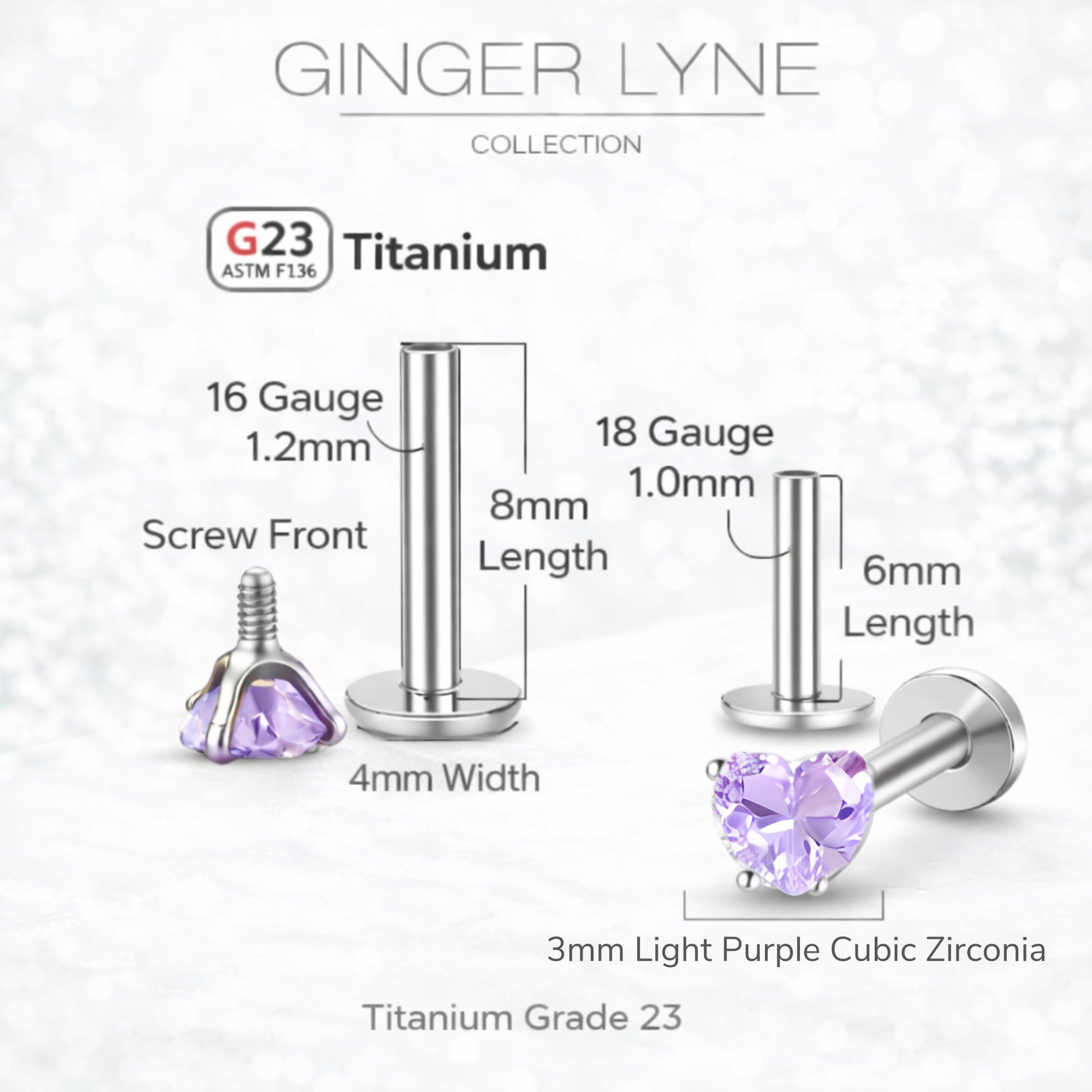 Small Heart CZ Solitaire Flat Back Stud Earrings Titanium Body Piercings by Ginger Lyne 2 Sets Post 6mm 8mm - 3mm-LtPurple
