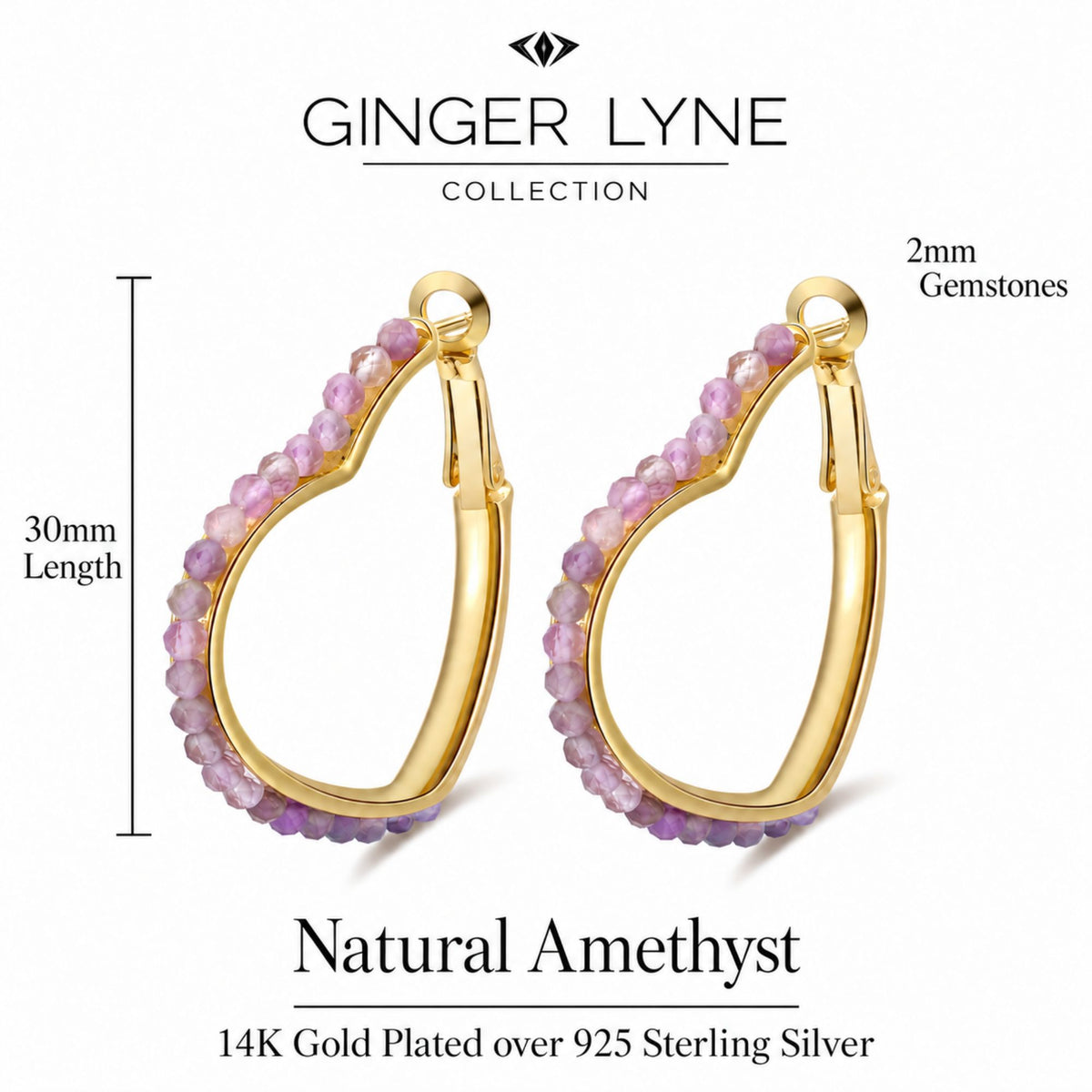 Heart Hoop Earrings for Women 14K Gold Plated Sterling Silver Natural Purple Amethyst - Purple