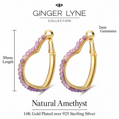 Heart Hoop Earrings for Women 14K Gold Plated Sterling Silver Natural Purple Amethyst - Purple