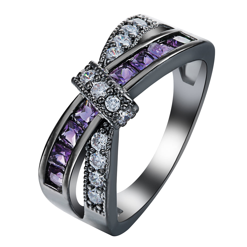 Veranda Wedding Band Ring Cross Knot Cz Black Plated Women Ginger Lyne Collection - Black/Purple,5