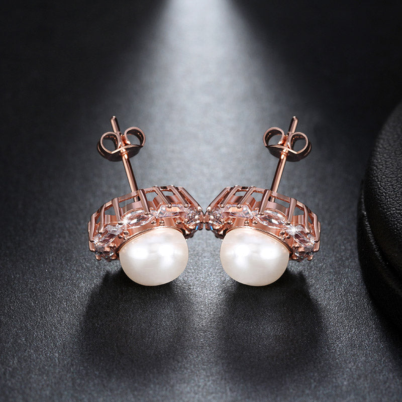 Baguette Cut Stud Earrings for Women Cubic Zirconia Simulated Pearl Ginger Lyne Collection - Rose Gold
