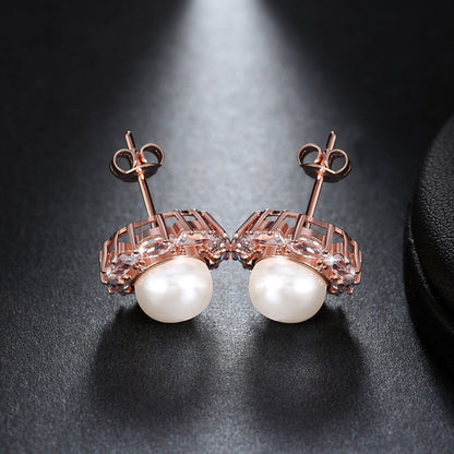 Baguette Cut Stud Earrings for Women Cubic Zirconia Simulated Pearl Ginger Lyne Collection - Rose Gold