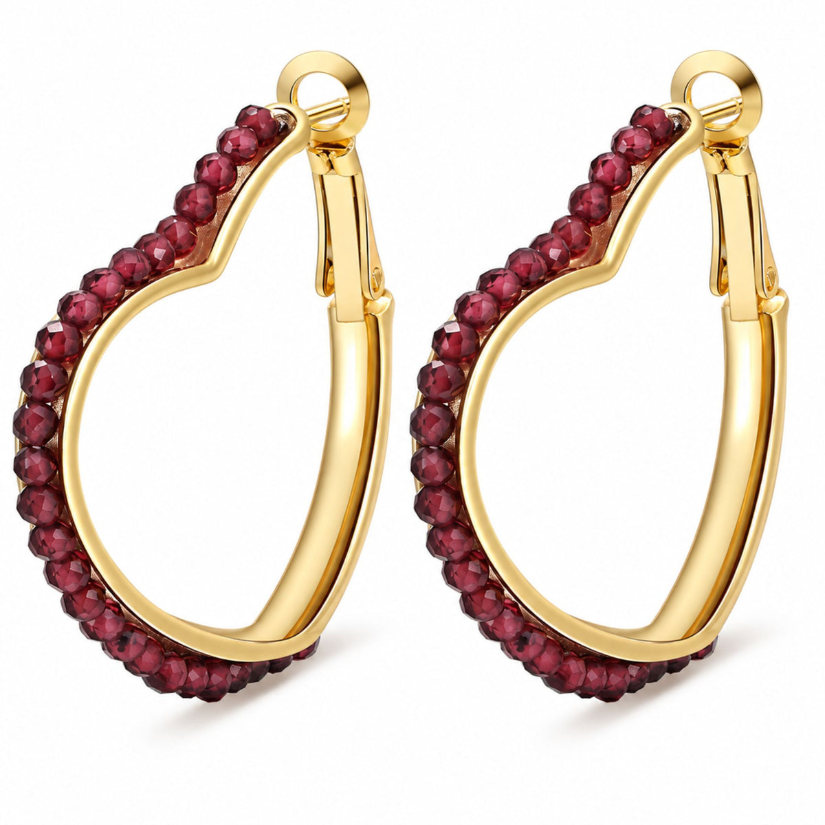 Heart Hoop Earrings for Women 14K Gold Plated Sterling Silver Natural Red Garnet - Red