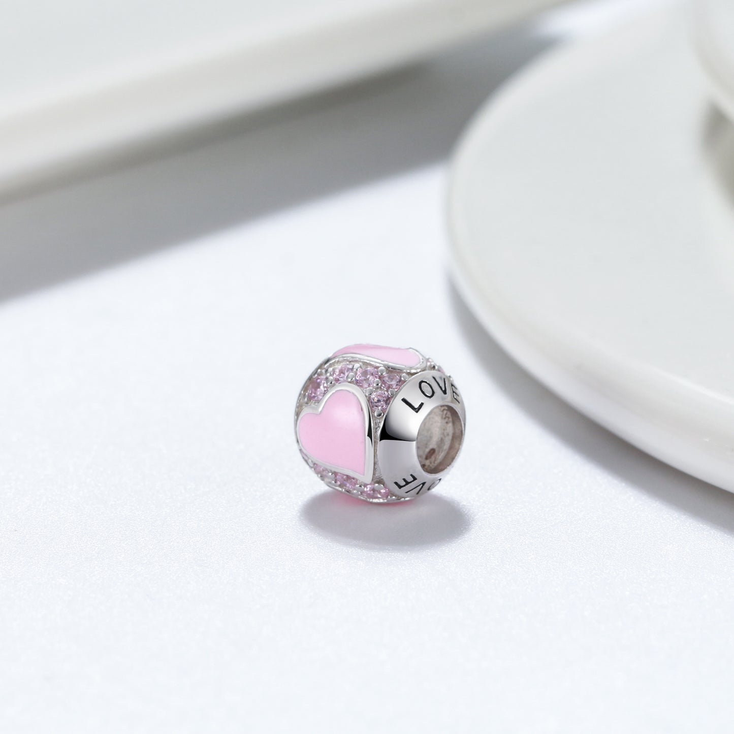 Love Heart Charm European Bead Sterling Silver Pink CZ Ginger Lyne Collection