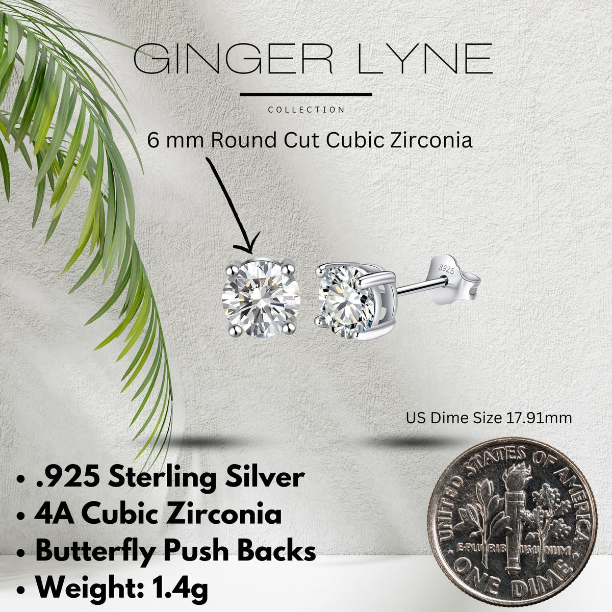 April Birthstone Stud Earrings for Women Clear Cubic Zirconia 6mm Sterling Silver Studs by Ginger Lyne - Clear