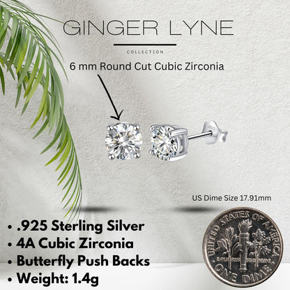 April Birthstone Stud Earrings for Women Clear Cubic Zirconia 6mm Sterling Silver Studs by Ginger Lyne - Clear