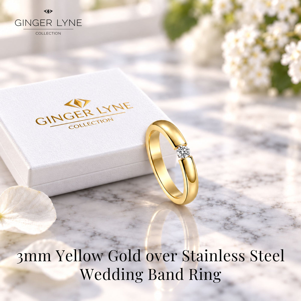 GoldToneWeddingBandRingforWomenorMen3mmStainlessSteelCZGingerLyneSize10_Gold-4