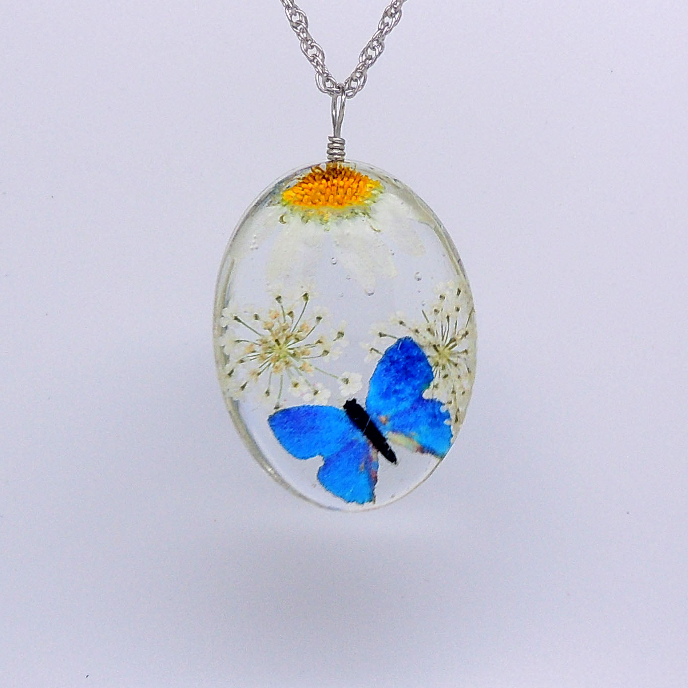 Dried Flower Oval Clear Butterfly Pendant Necklace Women Ginger Lyne Collection