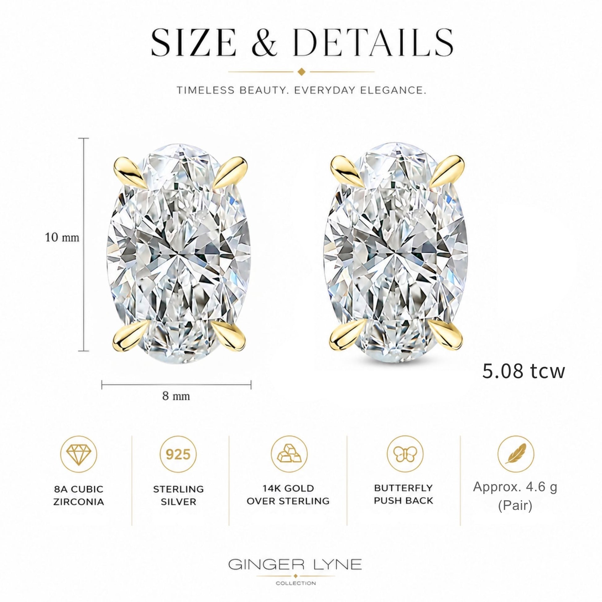 OvalCubicZirconiaStudEarringsforWomen,SterlingSilverFauxDiamondStuds,WhiteGoldPlatedor14KGoldPlated,6mmand10mm_Silver-3