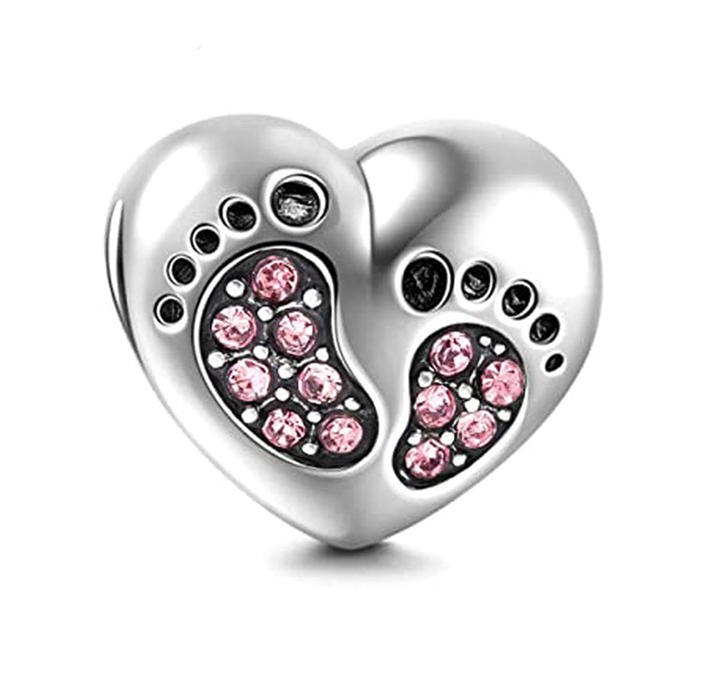 Baby Footprints Heart Charm for Women European Bead CZ Sterling Silver Ginger Lyne Collection - Pink