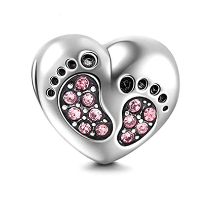 Baby Footprints Heart Charm for Women European Bead CZ Sterling Silver Ginger Lyne Collection - Pink