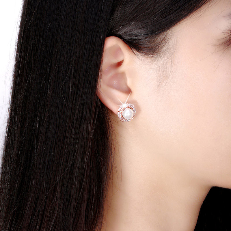 Baguette Cut Stud Earrings for Women Cubic Zirconia Simulated Pearl Ginger Lyne Collection - Rose Gold