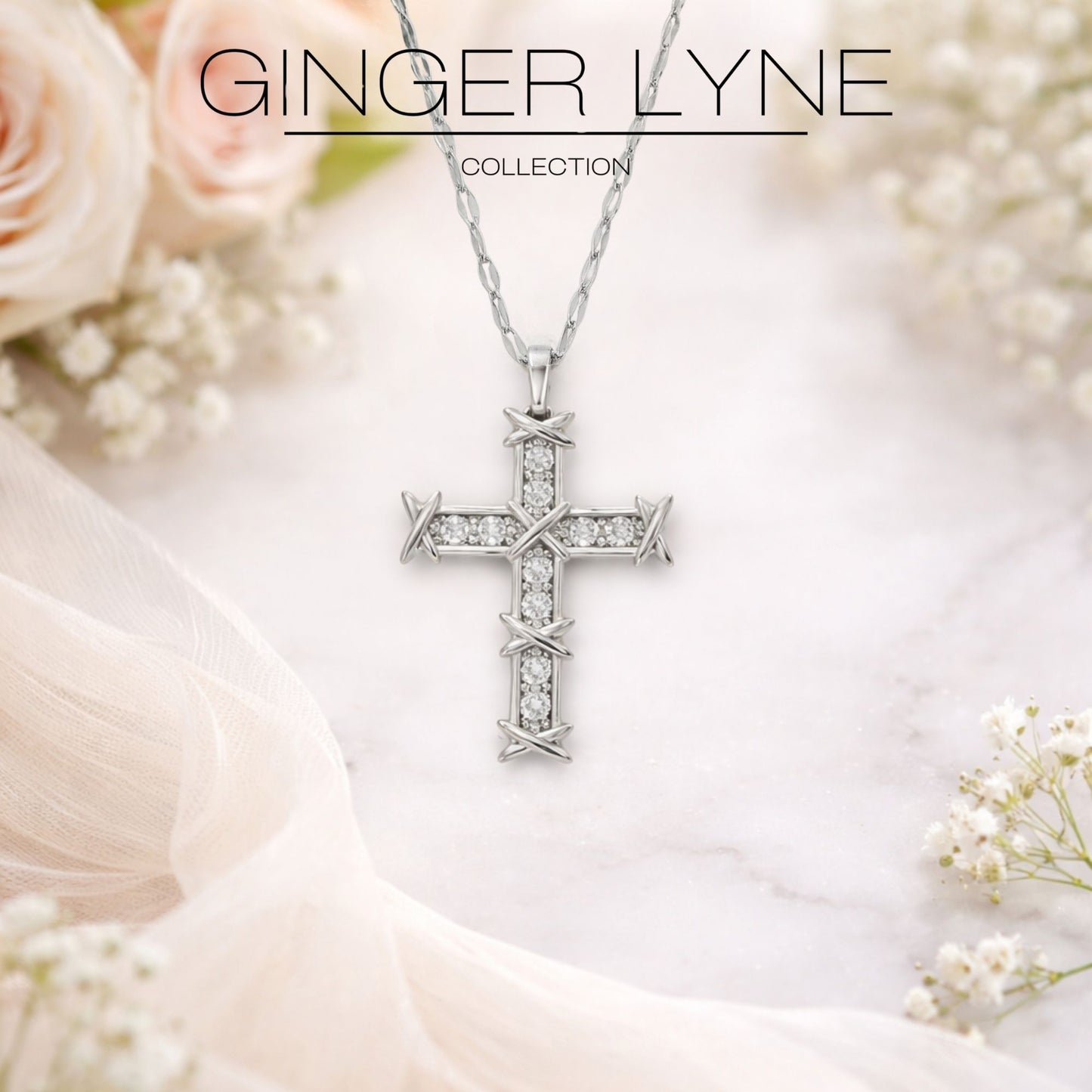 Cross Pendant Necklace for Women Religious Jewelry CZ Gold Plated Stainless Steel Ginger Lyne Collection - Silver Tone