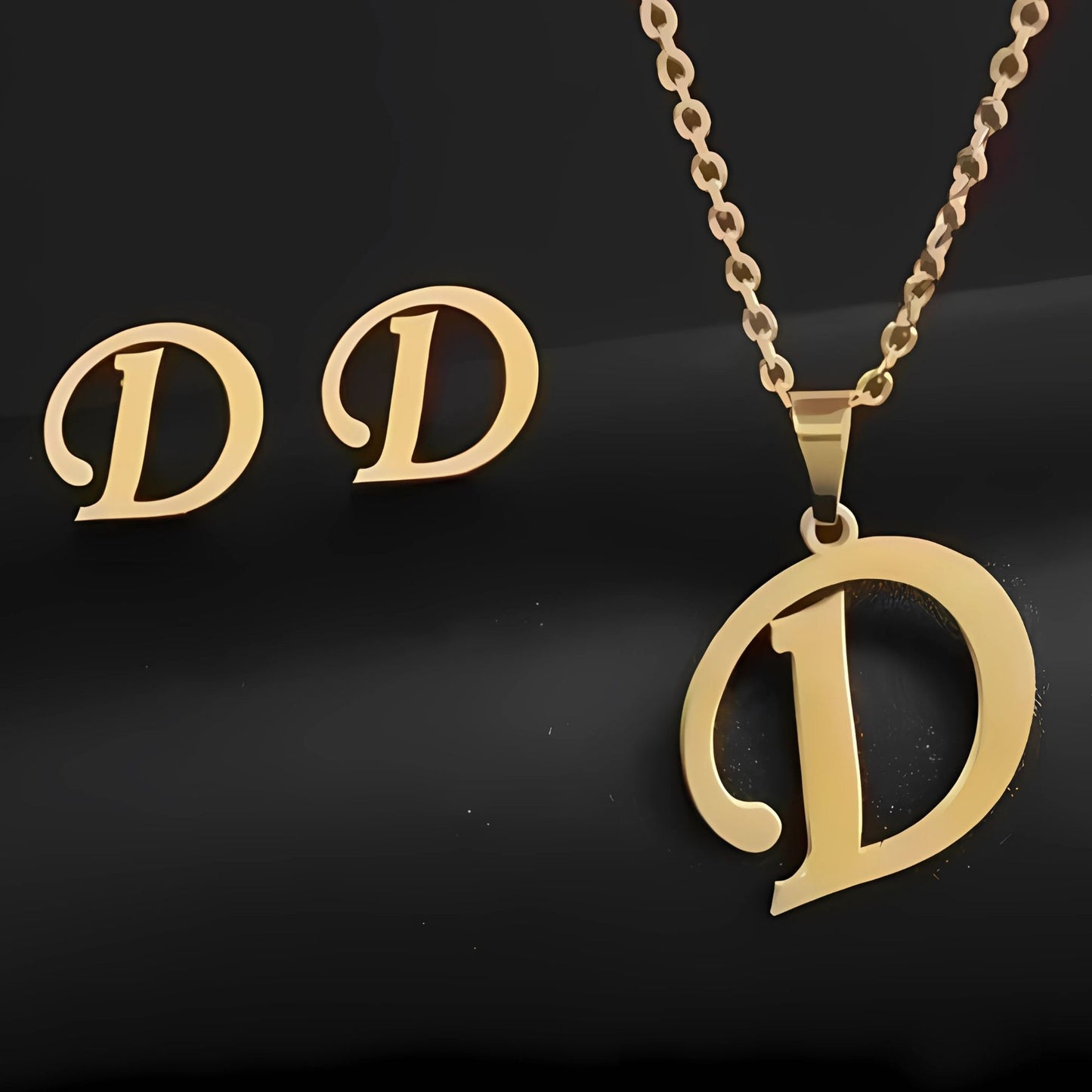 Initial Letter Pendant Necklace Earrings Set for Women Gold Plated Stainless Steel by Ginger Lyne - D