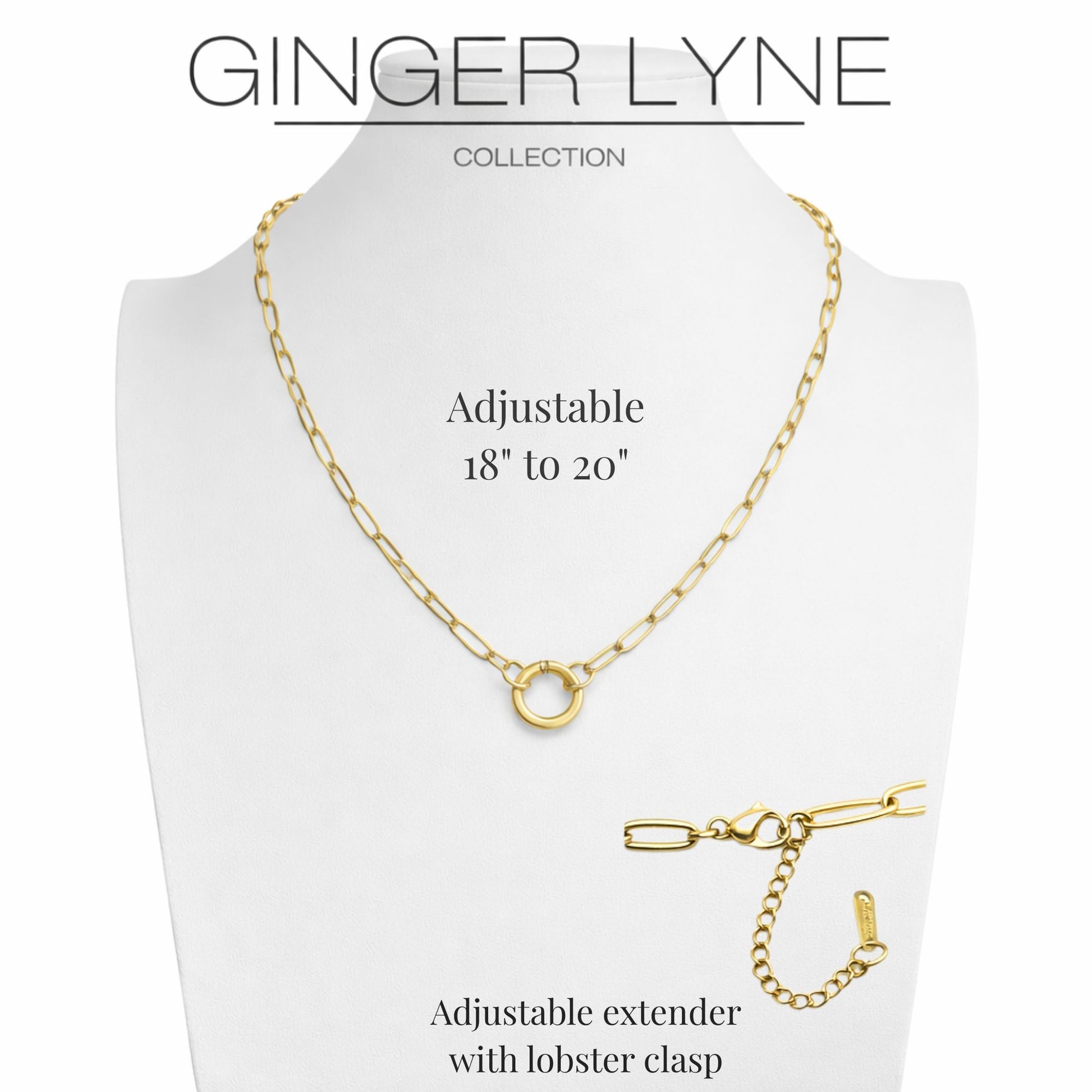 Paperclip Link Circle Carabiner Charm Holder Necklace for Women Stainless Steel 18"-20" Ginger Lyne Collection